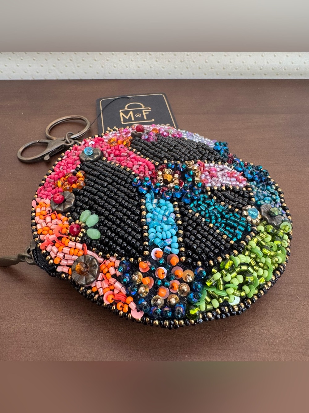 Mary Frances Black Rainbow Beaded Make Peace Coin Pouch Keychain NWT
